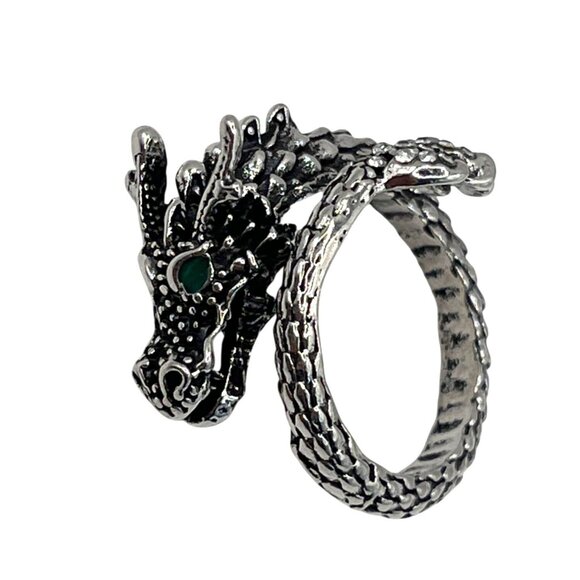 Vintage Style Dragon Ring With Green Crystal Eye Adjustable Silver Tone Band - Picture 1 of 4